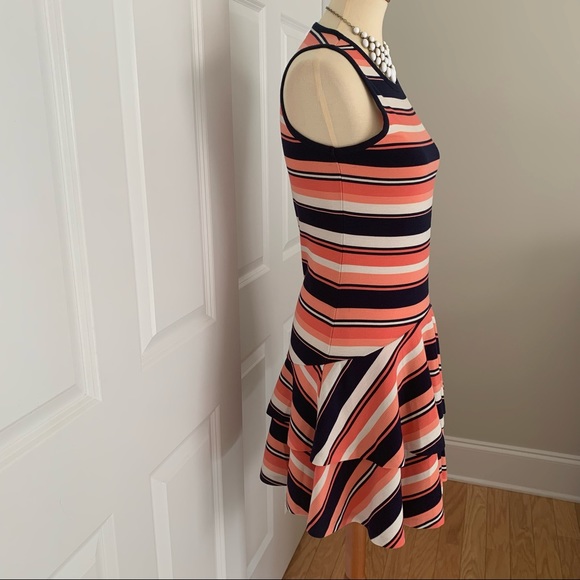 MICHAEL KORS Coral/Navy/White Striped Ruffle Dress🆕 - Picture 2 of 5